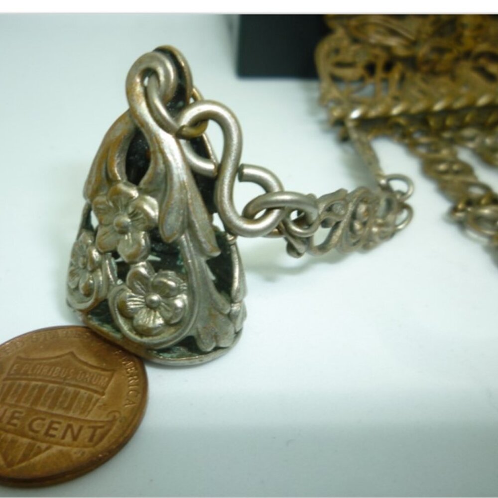 UNIQUE VINTAGE ANTIQUE LEO GLASS CREST CHATELAINE BRONZE PIN BROOCH CHARMS - Picture 2 of 9